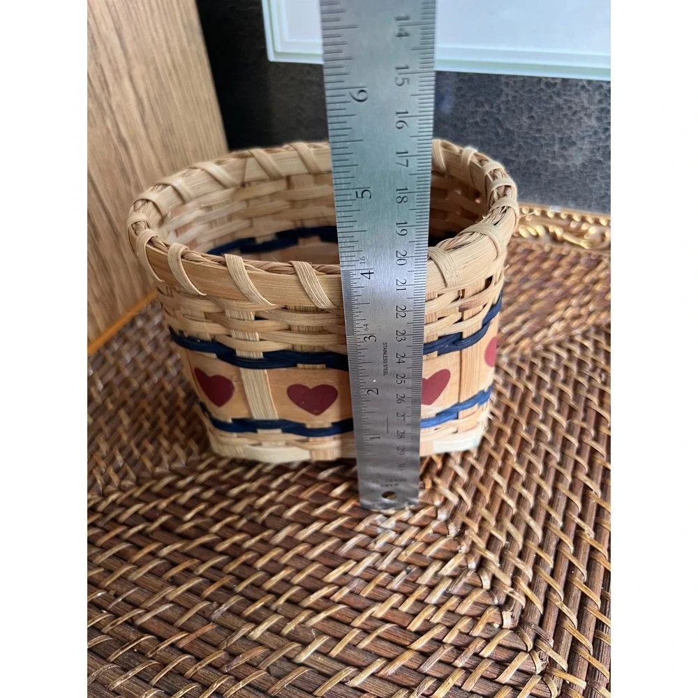 Vintage Handwoven Wicker Basket Small Oval Primitive Country Red Hearts Navy